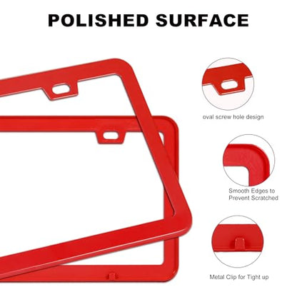 Red License Plate Frame, Premium Matte Aluminum Alloy Holder with 2 Holes, 2 Pack Waterproof Rust-Proof Universal Car Frame, Including Screws, Caps and Rattle Proof Pads - color: Red