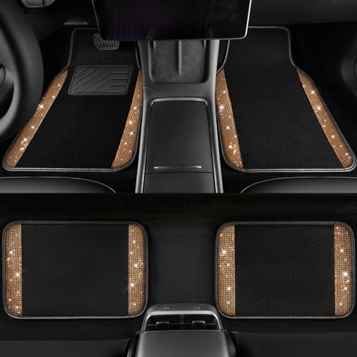 CAR PASS Bling Diamond Car Floor Mats, Shining Rhinestone Carpet Sparkly Glitter Crystal with Anti-Slip PVC Heel Pad Waterproof Universal Fit Automotive SUV,Sedan,Van,Cute Girl Women,4pcs Golden - color: Golden
