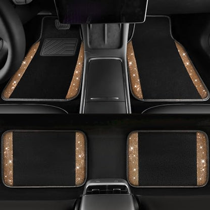 CAR PASS Bling Diamond Car Floor Mats, Shining Rhinestone Carpet Sparkly Glitter Crystal with Anti-Slip PVC Heel Pad Waterproof Universal Fit Automotive SUV,Sedan,Van,Cute Girl Women,4pcs Golden - color: Golden