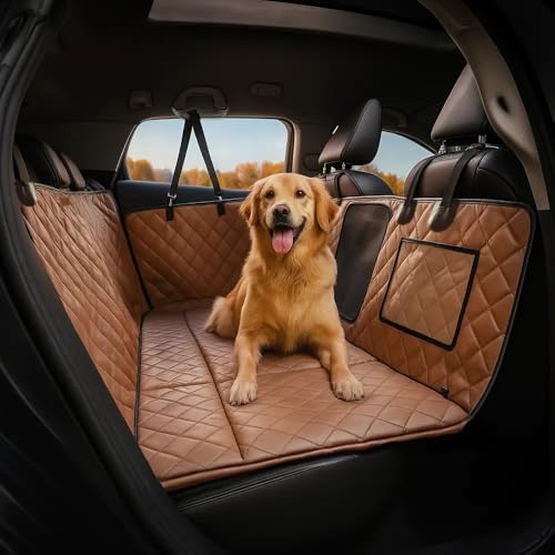 FUNNY FUZZY Dog Car Seat Cover, Back Seat Extender for Dogs - 420Lb Hard Bottom Waterproof Pet Car Seat Cover, 600D Heavy Duty Pet Hammock with Non-Slip Bottom for Cars, SUV, Trucks - color: Brown