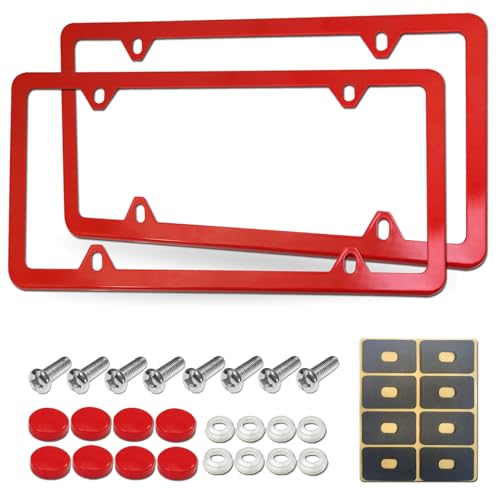 Red License Plate Frames Aluminum Front & Rear Car Tag Covers for Men Women 2 Pack 4 Hole Thin Slim Holders with Mounting Hardware Kit Stainless Steel Screws, Rattle Proof Pads, Tire Valve Caps - color: Red