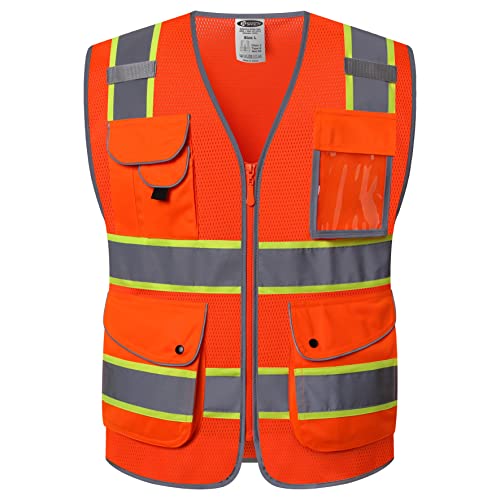 JKSafety 9 Pockets Hi-Vis Reflective Safety Vest | Mesh Fabric | Fluorescent Orange Color with Neon Yellow Extended Trims | ANSI/ISEA Compliance (100-Orange, M) - color: Jk100-orange, size: Medium