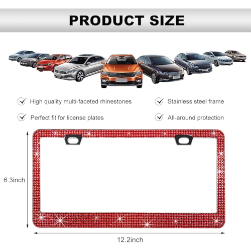 DXNQ Bling License Plate Frame, Sparkly Rhinestone Diamond License Plate Cover with Crystal Screws Caps, Glitter Crystal Stainless Steel License Plate Holder for Women, Car Accessories (Red) - color: Red