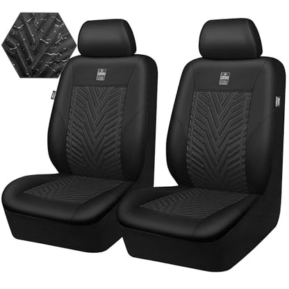 CAR PASS Deluxe Faux Leather Car Seat Covers 2 Front Seats Only, 3D Tyre Embossed Waterproof Front seat Covers, Airbag Compatible, Durable Universal Fit Seat Covers for SUV Truck Automotive (Black) - color: Black