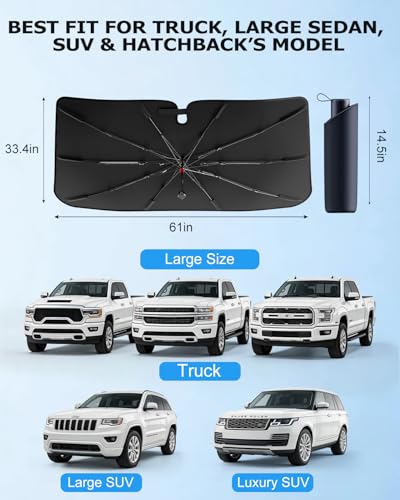 DMJN Umbrella Windshield Sun Shade - Large, Car Sunshade for Front Windshield [Nano Ice-Crystal Coatings] UPF50+ Heat & UV Block, Protect Interior & Keep Cooler Universal for Car, SUV, Truck - size: Large(61"l X 33"w)