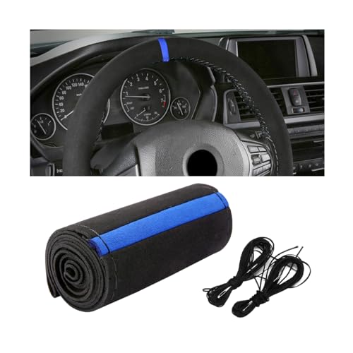 Car Steering Wheel Cover, Stitch On Full Surround Soft Suede Steering Wheel Wrap Guard with Needle & Thread, Comfortable Grip Auto Interior Accessories, Universal for Vehicle (Black/Blue) - color: Black/Blue