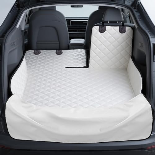 Heavy-Duty Leather SUV Cargo Liner for Fold Down Split Seats, Armrest Pass-Through Compatible, Pet-Friendly, Ideal for Dogs - color: Ivory, size: L