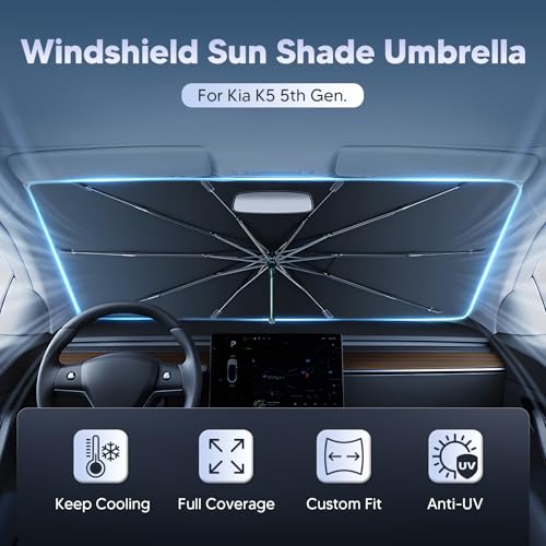 Autorder Windshield Sun Shade Umbrella for 2021-2025 2026 Kia K5 Accessories,Upgraded Ice Crystal Material,Easy Setup Umbrella Sunshade for Car Windshield,100% Sun Blocking - size: Kia K5 2021-present