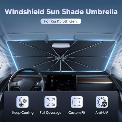Autorder Windshield Sun Shade Umbrella for 2021-2025 2026 Kia K5 Accessories,Upgraded Ice Crystal Material,Easy Setup Umbrella Sunshade for Car Windshield,100% Sun Blocking - size: Kia K5 2021-present