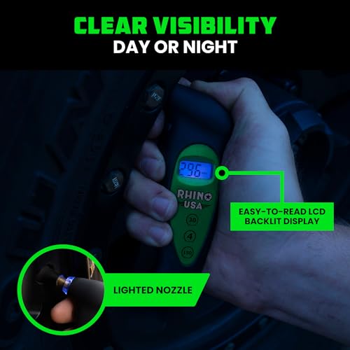 Rhino USA Digital Tire Pressure Gauge 150 PSI, 4 Ranges, Ergonomic Design w/Lighted Nozzle & LCD Backlit Display - Certified Accurate Readings, Best Digital Gage (Green) - color: Green