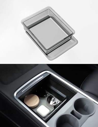 TPARTS Center Console Storage Drawer with Silicone Layer for Tesla Model Y (2021-2024) & Model 3 (2021-2023) Accessories Interior, Translucent Smoke Gray Organizer Tray, Maximize Storage Space