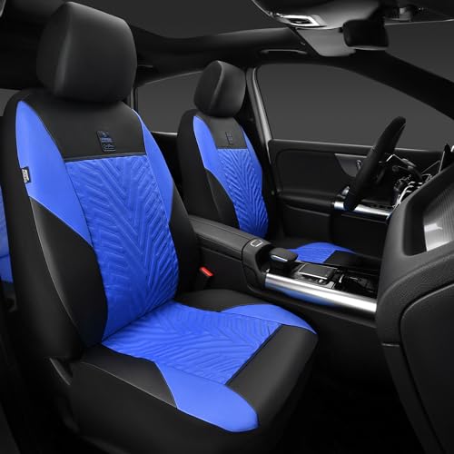 CAR PASS Deluxe Faux Leather Car Seat Covers 2 Front Seats Only, 3D Tyre Embossed Waterproof Front seat Covers, Airbag Compatible, Durable Universal Fit Seat Covers for SUV Truck Automotive (Blue) - color: Black and Blue