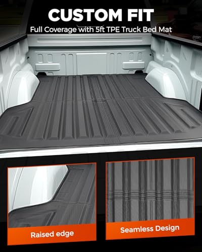 Full Set Car Truck 5FT Bed Mat & Floor Mats for Ford Ranger SuperCrew Cab: 2024-2026 All-Weather Mats for XLT Raptor Lariat XL with 5ft TPE Trunk Bedmat, Anti-Slip Waterproof Protection Accessories