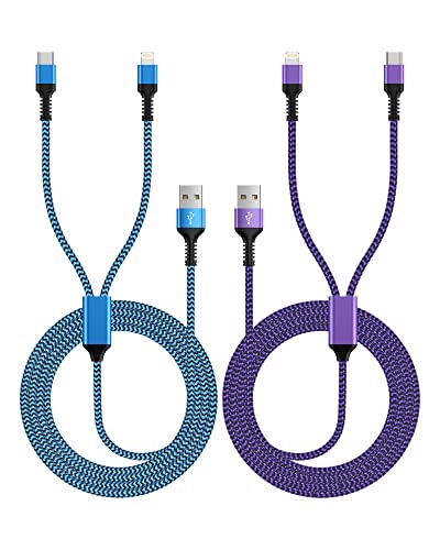 Multi Charging Cable 2-in-1, 4FT Long Multiple Charger Cord USB to Lightning & Type C Port Apple and Android Braided Charging Wire for iPhone 17 16 15 Pro Max 14 13 12 8Plus, iPad Air/mini, Galaxy - color: Blue, Purple
