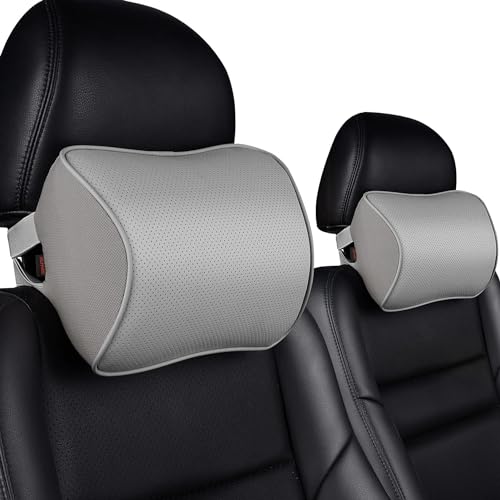 Aukee Memory Foam Car Neck Pillow Soft Leather Car Headrest for Driving Home Office Gray (Pack of 2) - color: Grey, size: Pack of 2