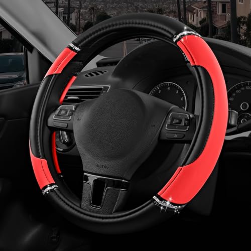 Road Comforts Leather Steering Wheel Cover - Made with PVC Leather - Anti-Slip, Universal Fit 14 1/2 inches to 15 inches - Red - color: Red