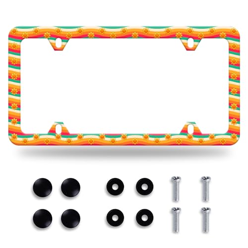 Cute Sunflower Wave Lines License Plate Frame Colorful License Plate Frames Stainless Steel Accessories Cars Decor with 4 Holes and Screws Fits Standard US CA Vehicles Size 12.2 x 6 Inches - color: Cute sunflower