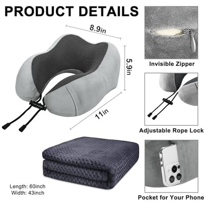 urnexttour Travel Pillow and Blanket Set Neck Pillows Soft Blankets with Sleep Mask Travel Essentials for Airplane Car Memory Foam Grey - color: B-grey