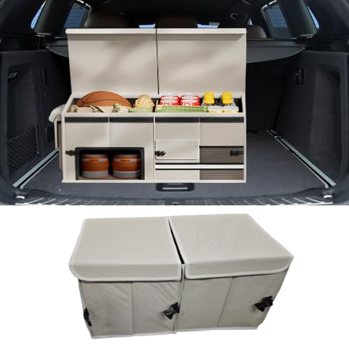 Car Trunk Organizer, Collapsible Multi Compartment Cargo Storage Box with Lid & Reinforced Handles, Adjustable Waterproof Vehicle Storage Organizer Accessories for Car SUV Truck (Beige) - color: Beige