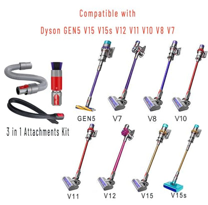 3-in-1 Vacuum Attachment Bundle for Dyson V15 V5s V12 V11 V10 V8 V7 Gen5-23" Flexible Crevice Tool + 63" Extension Hose + Soft Dusting Brush for Dryer Vent, Car Detailing, Delicate Surfaces - style: Dusting Brush & Flexible Crevice Tool & Extension Hose