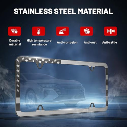 RED WOLF American USA Flag License Plate Frame Stainless Steel Holder Front Rear Auto Tag US Stars & Stripes Slim Edge for Patriotic, 4 Holes Mount W/Screw Accessories Caps 2 PCS
