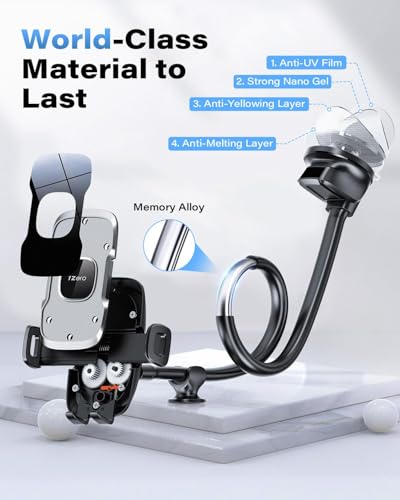 1Zero Solid Car Truck Phone Mount Holder with 14-Inch Gooseneck Long Arm, Windshield Window Mobile Holders w/Industrial-Strength Suction Cup, Anti-Shake Stabilizer Compatible All Cell Phones iPhone - color: Black Mirror Surface with Silver Ring