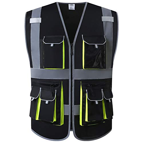 JKSafety 10 Pockets Black Color Safety Vest Zipper Front with High Reflective Strips Meets ANSI/ISEA Standards (88-Black, Large) - color: Black, size: Large
