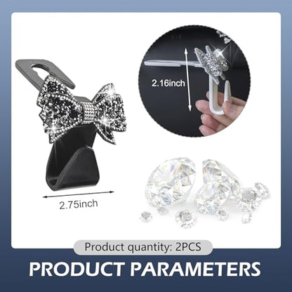 2 PCS Bling Car Seat Headrest Hooks, Crystal Rhinestone Bow Vehicle Hooks, Automotive Purse Hook Hanger for Purses Bags Groceries, Universal Car Rear Seat Organizer (Black) - color: Black