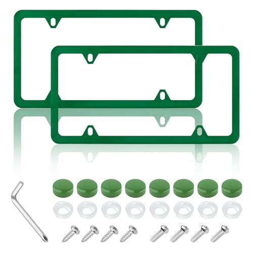 2PCS Colorful Car License Plate Frames with Gaskets Screws and Caps,Stainless Steel 4 Holes License Plate Holder Fits U.S. Standard,Universal Car Tag Frame Car Accessories (Green) - color: Green
