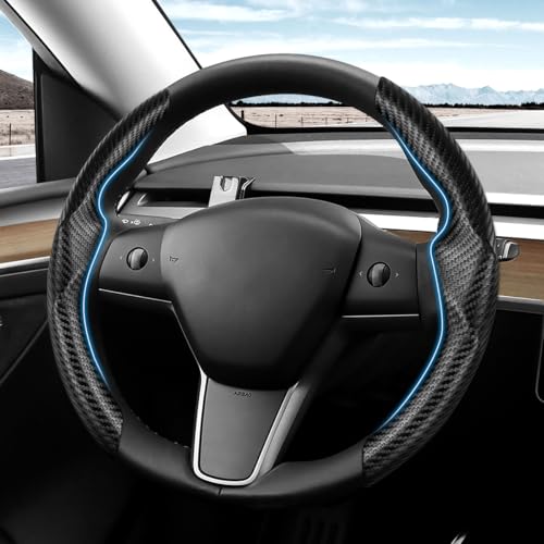 Shademax for Tesla Steering Wheel Cover Tesla Model Y/3 2017-2025 2026 (Fit Model Y Juniper 2026/ Model 3 Highland) Carbon Fiber Steering Wheel Cover Protector Anti-Slip Model Y/3 Accessories (Black) - color: A-Black (Carbon Fiber )
