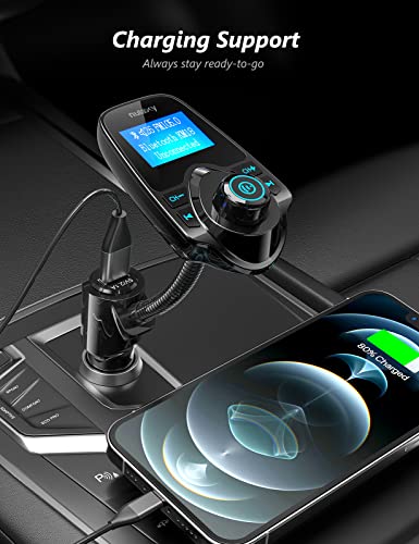 Nulaxy KM18 Bluetooth 5.4 Car Adapter with 1.44" Clear Display & Flexible Gooseneck - FM Radio Transmitter & Bluetooth Receiver for Hands-Free Calls, Wireless Music via BT/FM/AUX/TF, USB Car Charger - color: Black