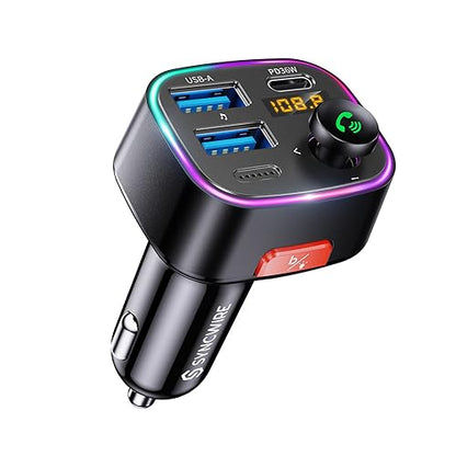 Syncwire Bluetooth 5.4 FM Transmitter Car Adapter 48W (PD 36W & 12W) [Light Switch] [HiFi Bass Sound] [Fast Charging] Wireless Radio Music Adapter LED Display Hands-Free Calling Support USB Drive - color: Black, style: 48W