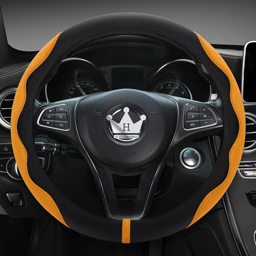HighnessHwoo Luxury Suede Steering Wheel Cover for Cars, Soft Leather Padded Wheels Cover for Sedan, SUV, Thin Car Handle Cover, Universal Fit, Anti Slip, 14.75-15.15in, Orange - color: Orange+Black, size: Standard Size[14.75-15.15"](37.5-38.5cm)