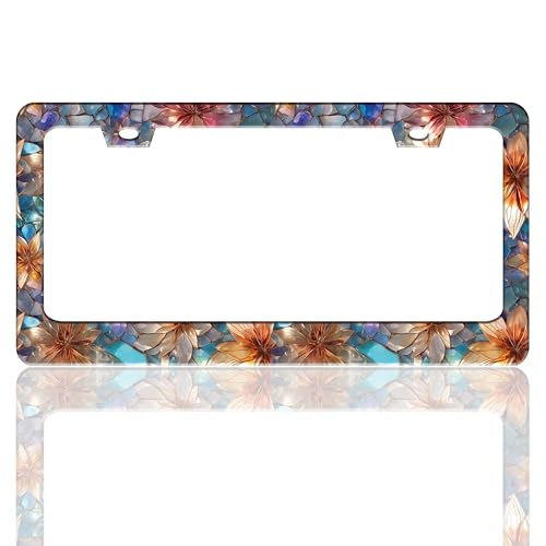 Beautiful Glass Flowers Pattern License Plate Frame Floral Stainless Steel License Plate Holder For Front And Rear Car Tags Funny For Car Decoration Accessories With Screws 6.3 X 12.2 In For Women Men - color: Beautiful Glass Flowers Pattern