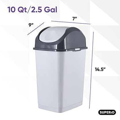 Superio Small 2.5 Gallon Plastic Trash Can with Swing Top Lid, Compact Slim Waste Bin for Under Desk, Office, Bedroom, Bathroom, Dorm Room, 10 Qt. Portable Garbage Can (SmokeWhite/Grey, 2 Pack) - size: 2.5 Gallon, style: 2 Pack