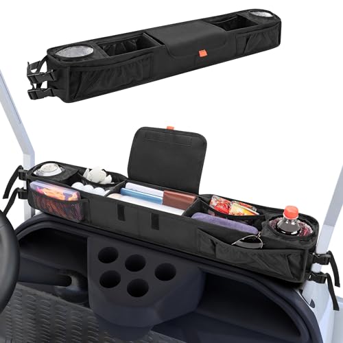 PGmoon Golf Cart Front Storage Basket with Insulated Cup Holders, No-Drilling Dash Tray Organizer Compatible with EZGO, Club Car, Kandi Electirc Golf Cart, Golf Cart Storage Organizer