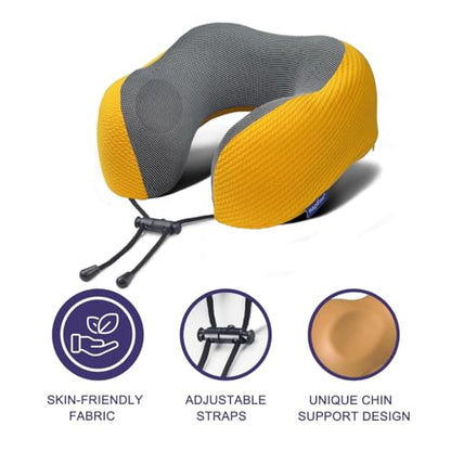 napfun Neck Pillow for Travel with Travel Pouch, Sleep Mask & Earplugs, Memory Foam Airplane Pillow for Headrest Sleep with Eyeshades, Plane Essentials with Eye Blindfold, Yellow Striped Kit - color: Yellow Striped Kit