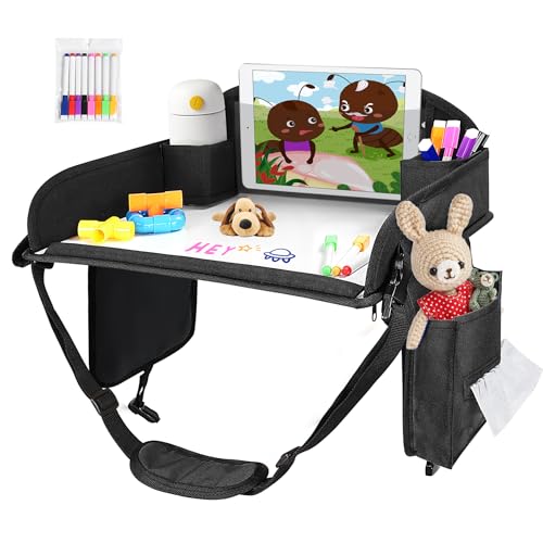 Kids Travel Tray, Kids Travel Trays for Car Seat, Road Trip Essentials for Toddler, Carseat Lap Tray with Dry Erase Board & Storage Organizer for Road Trip Activities for Kid, Black - color: Black-1PCS