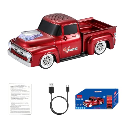 WSTER WS-538 Retro Pickup Truck Bluetooth Replica Speaker – Portable Wireless Car Model Speaker with FM, TWS, LED Party Lights, USB/TF Playback, Built-in Microphone, Type-C, Surprise Gift(Red) - color: Red