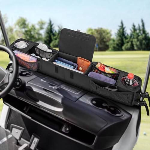 PGmoon Golf Cart Front Storage Basket with Insulated Cup Holders, No-Drilling Dash Tray Organizer Compatible with EZGO, Club Car, Kandi Electirc Golf Cart, Golf Cart Storage Organizer