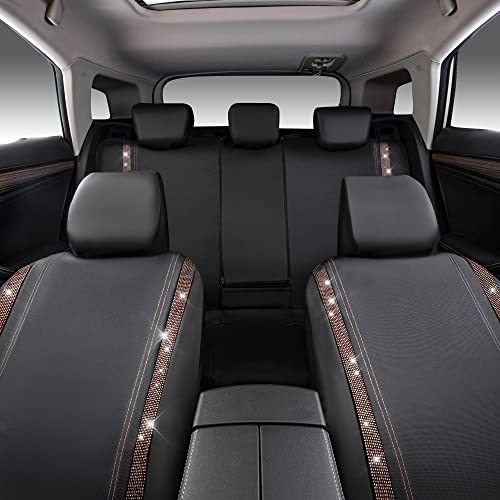 CAR PASS Bling Diamond Car Seat Covers Full Sets, Shining Rhinestone Waterproof Faux Leather, with Zipper, Universal Fit Automotive Glitter Crystal Sparkle Strips Cute Women Girl, Champagne Gold - color: Champagne Gold Diamond, size: Full Set