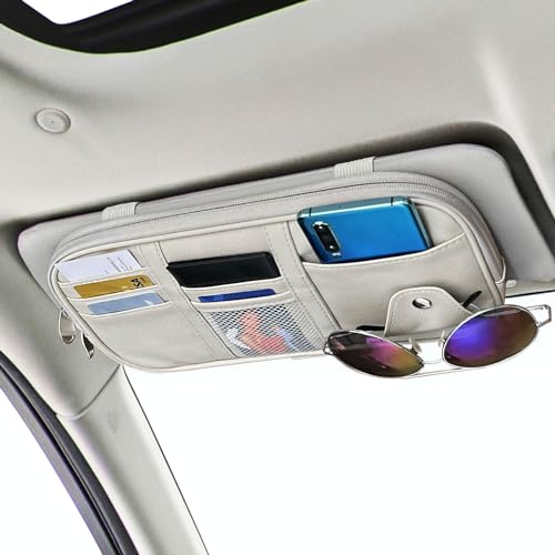 Da by Car Visor Organier Truck SUV Sun Visor Storage Pocket PU Leather Pouch Holder with Multi-Pocket Double Zipper Net Pocket, for Cards Pens Sunglasses Document (Cream Grey) - color: Cream Grey