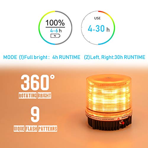 Amber Wireless Rotating Beacon Orange Battery Led Strobe Warning Light Roof Top Plow Hazard Flash Emergency Mail Lights 12 V with Magnetic Base Mount and Rechargeable Plug (Yellow, 18 LED) - color: Amber