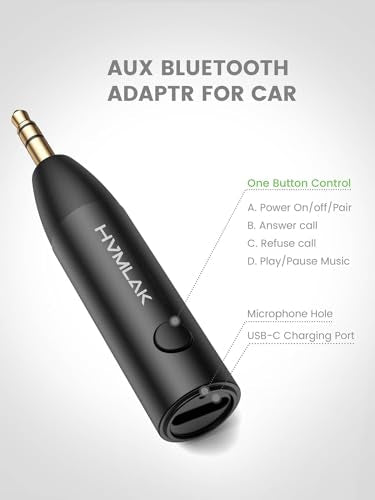 HVMLAK Bluetooth 5.4 Car Aux Adapter with Enhanced Microphone, 3.5mm Jack for Car Home Stereo, USB-C Charging, Sturdy Case, 1 Piece - color: Black