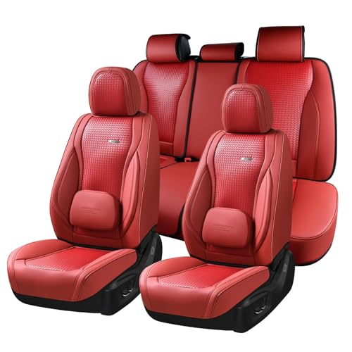 Coverado Car Seat Covers Full Set, Red Seat Covers for Cars, Waterproof Nappa Leather Automotive Seat Covers with Lumbar Head Pillow, Car Seat Protectors, Universal Fit for Most Cars SUV - color: Red（Pillow）, size: FullSet