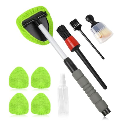 wuyaoyao 14PCS Car Windshield Cleaning Tool, Car Glass Wiper Kit with Window Cleaner, Microfiber Pads, Spray Bottle, Extendable Handle, Interior Detailing Dust Brush, Car Cleaning Supplie (Green) - color: Green