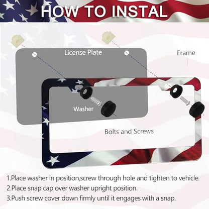 Patriotic American Flag License Plate Frame Holder - 2 Pack Universal Quality Metal Aluminum Matte Stripe US Flag Gloss Car Plate Frame Covers with 2 Holes and Free Screws Fasteners Caps - color: Matte American flag Narrow side B