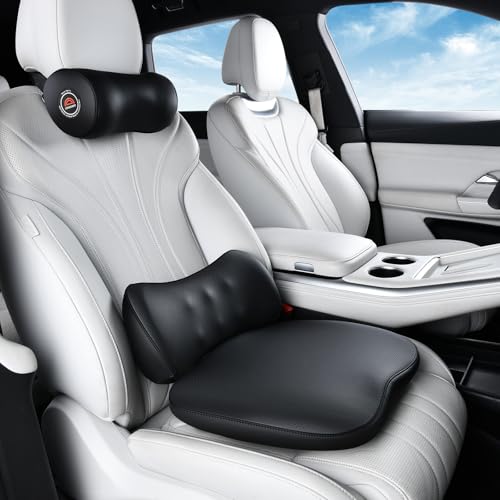 Coverado Seat Cushion and Lumbar Support Pillow for Driving Seat, Neck Headrest Pillow with Adjustable Strap, Soft and Breathable PU Leather, High Density Memory Foam for Neck & Lower Back Pain Relief - color: Black, size: Headrest+Lumbar Support+Cushion