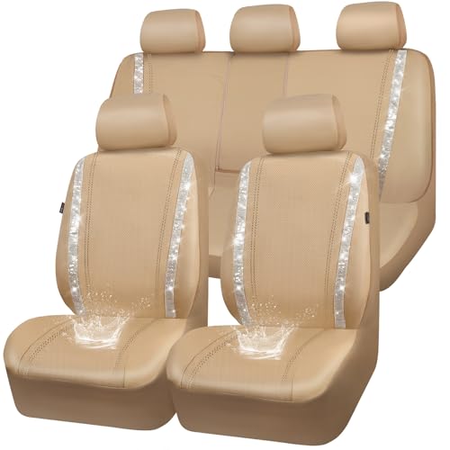 CAR PASS Bling Diamond Car Seat Covers Full Set, Shining Glitter Rhinestone Waterproof Faux Leather Interior Sets Universal Fit Automotive Glitter Crystal Sparkle Strips for Cute Women Girl, Beige - color: Beige, size: Full Set