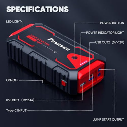 Povasee Jump Starter 5000A Car Jumper Starter, Model A30 12V Jump Box for Car Battery up to 10L Gas or 8L Diesel Engine Battery Jumper Starter Portable with Power Bank/Dual Output/LED Light - style: A30